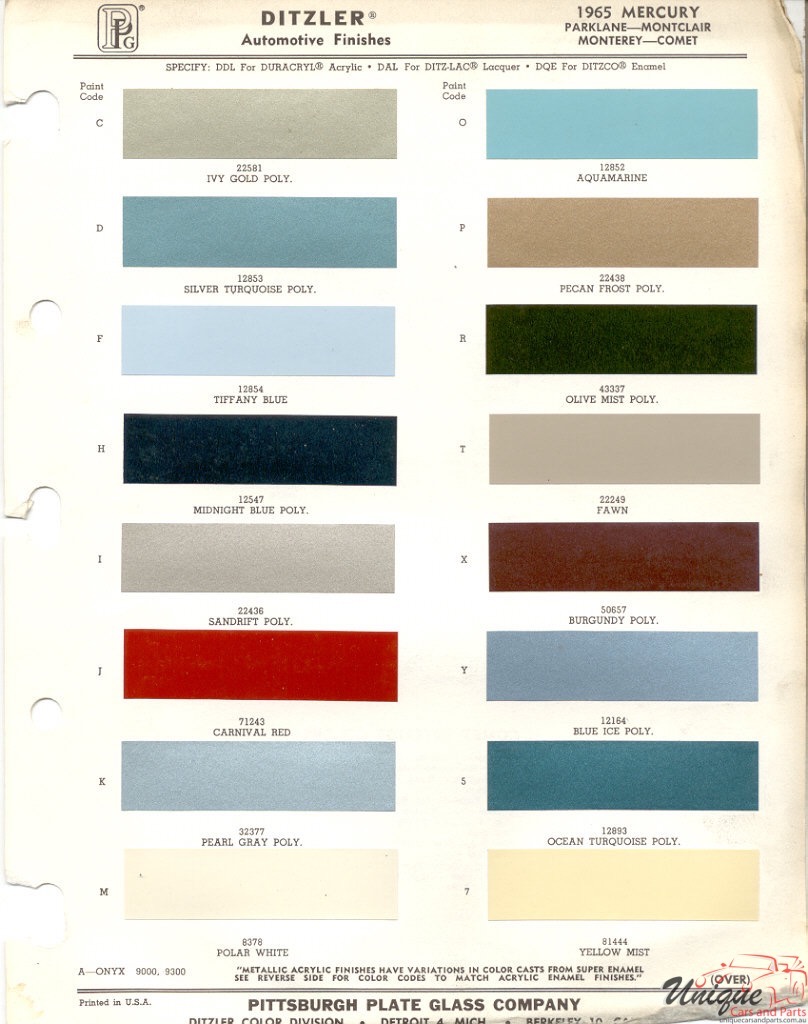 1965 Mercury Paint Charts PPG